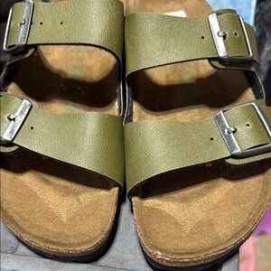Birkenstock Vegan Olive Green Sandals with Silver Buckles